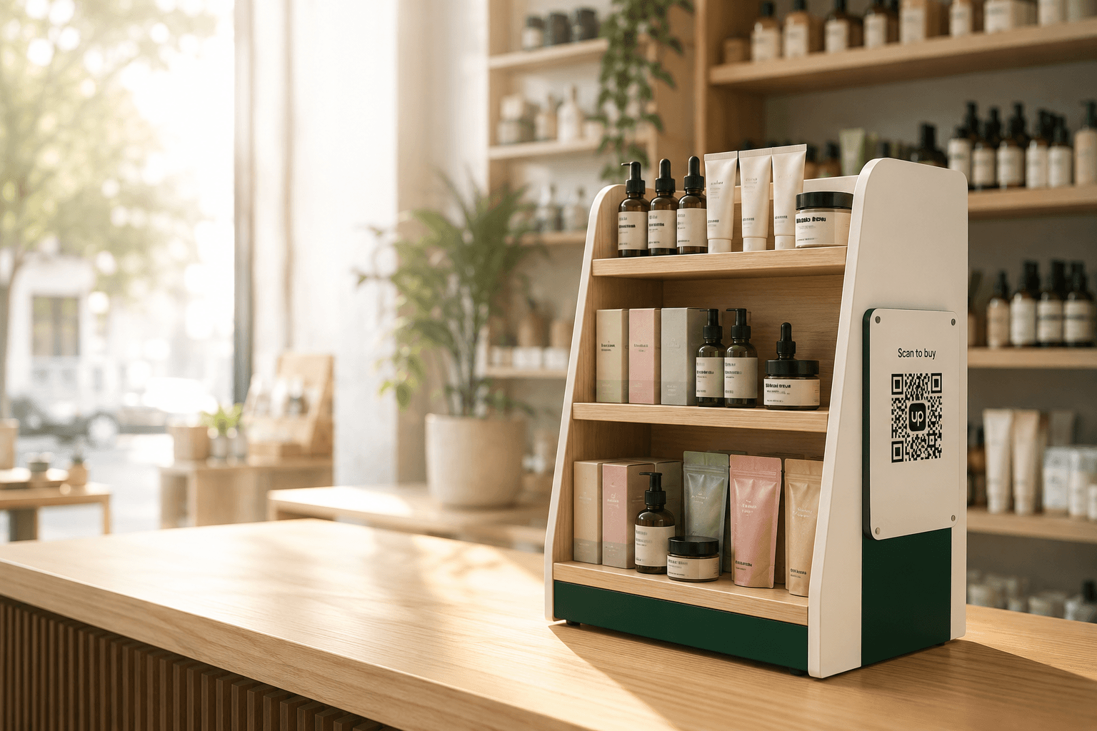 A PlaceUp shelf with scan-to-buy QR display in a store